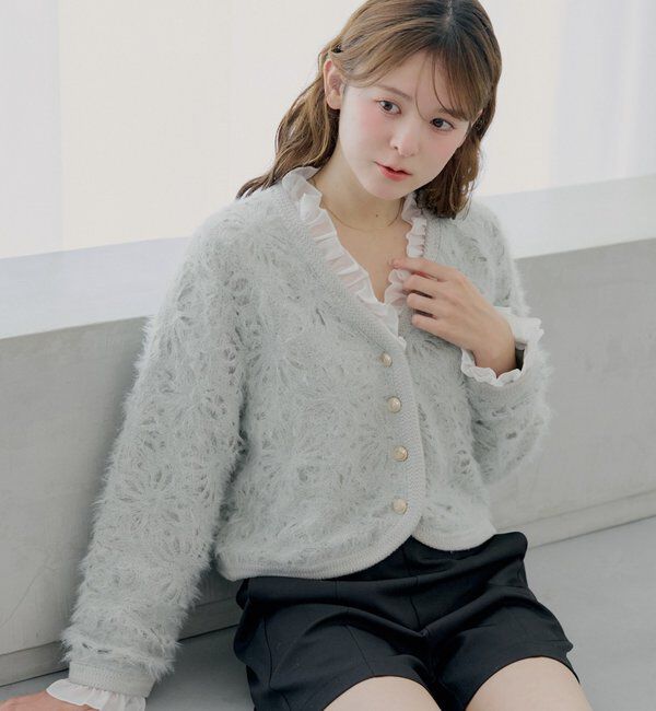  「【SALON by Chico】取り外しフリル襟フラワーニットジャケットカーディ」|カーディガン|ミント