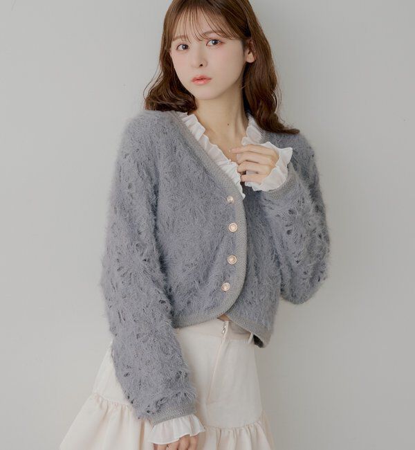  「【SALON by Chico】取り外しフリル襟フラワーニットジャケットカーディ」|カーディガン|グレー