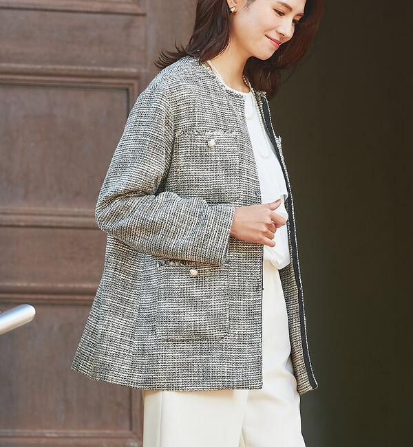 abahouse mavie「ツィードオーバージャケット」|ノーカラージャケット|