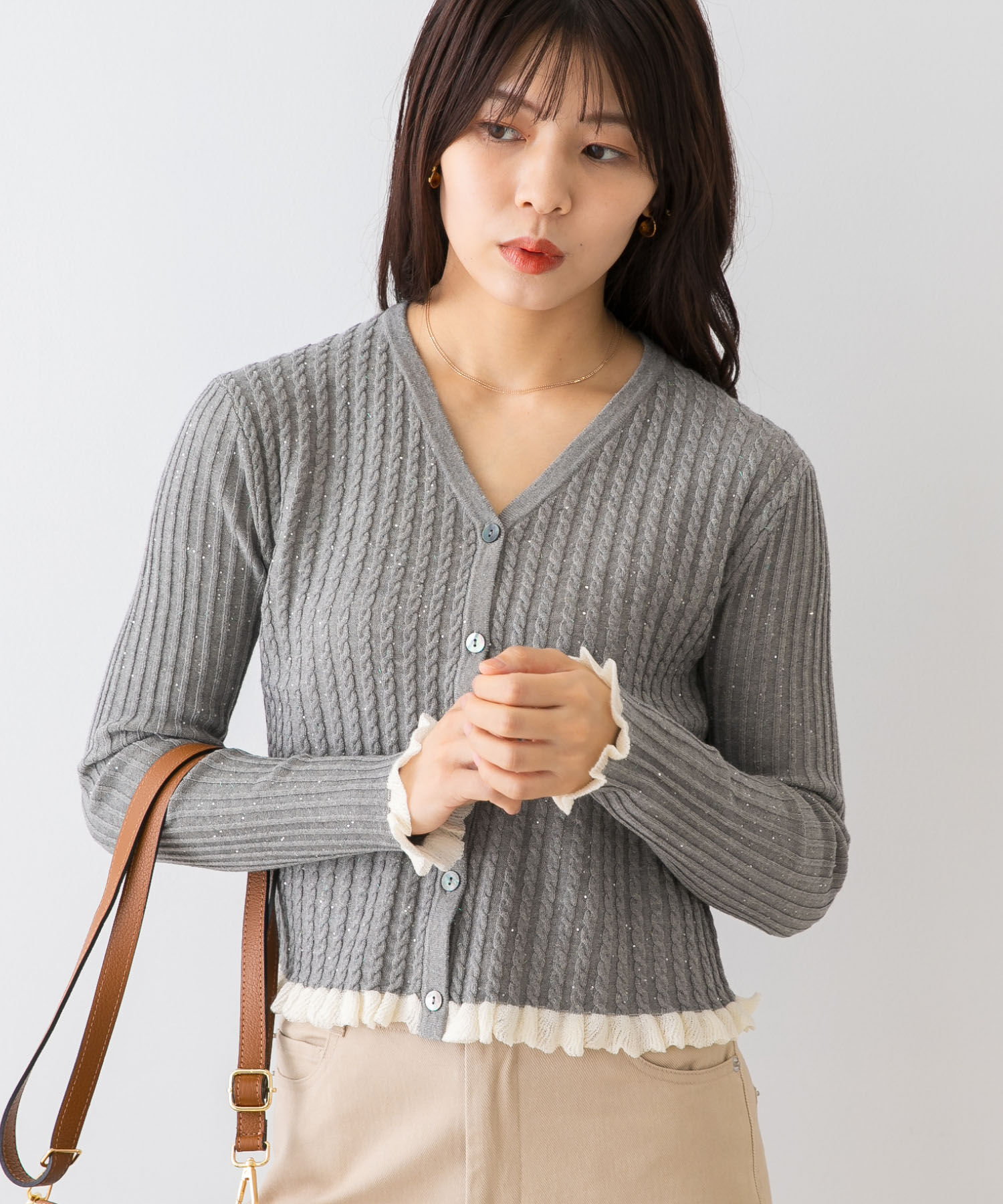 URBAN RESEARCH ROSSO「F by ROSSO　スパンコールフリルリブカーディガン」|カーディガン|