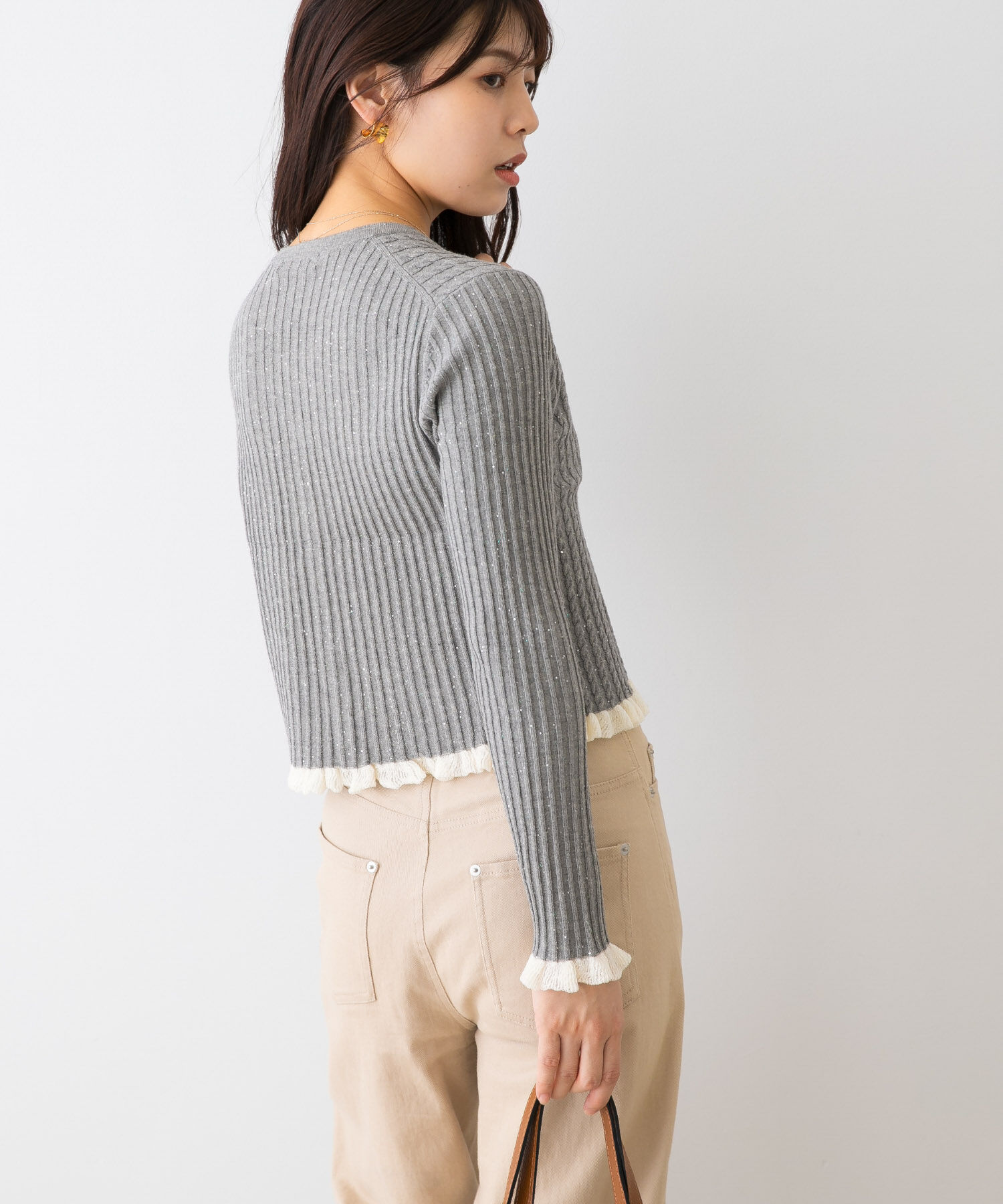 URBAN RESEARCH ROSSO「F by ROSSO　スパンコールフリルリブカーディガン」|カーディガン|