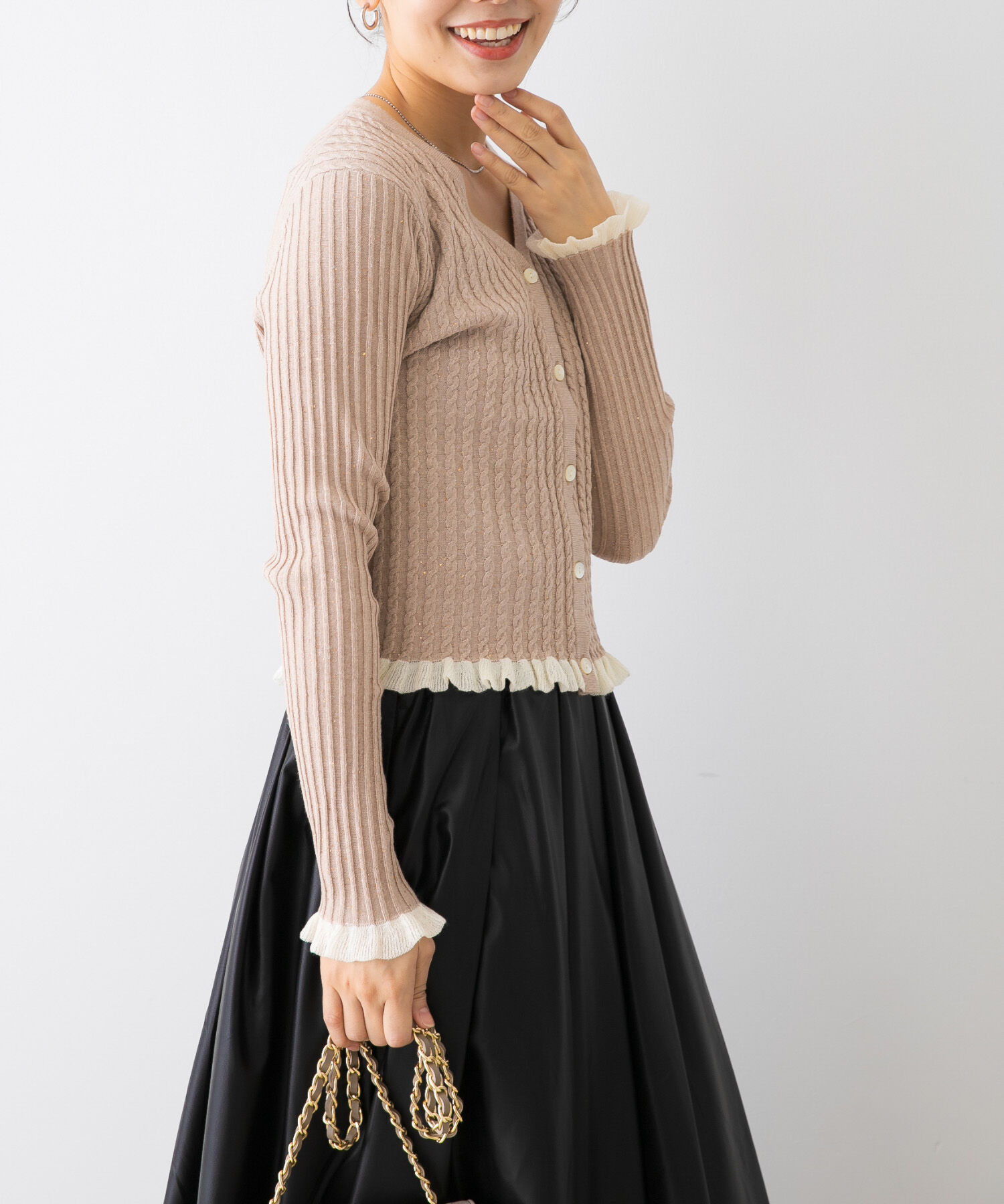 URBAN RESEARCH ROSSO「F by ROSSO　スパンコールフリルリブカーディガン」|カーディガン|