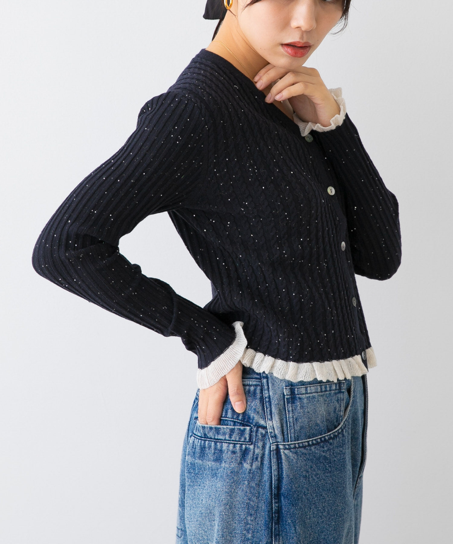 URBAN RESEARCH ROSSO「F by ROSSO　スパンコールフリルリブカーディガン」|カーディガン|