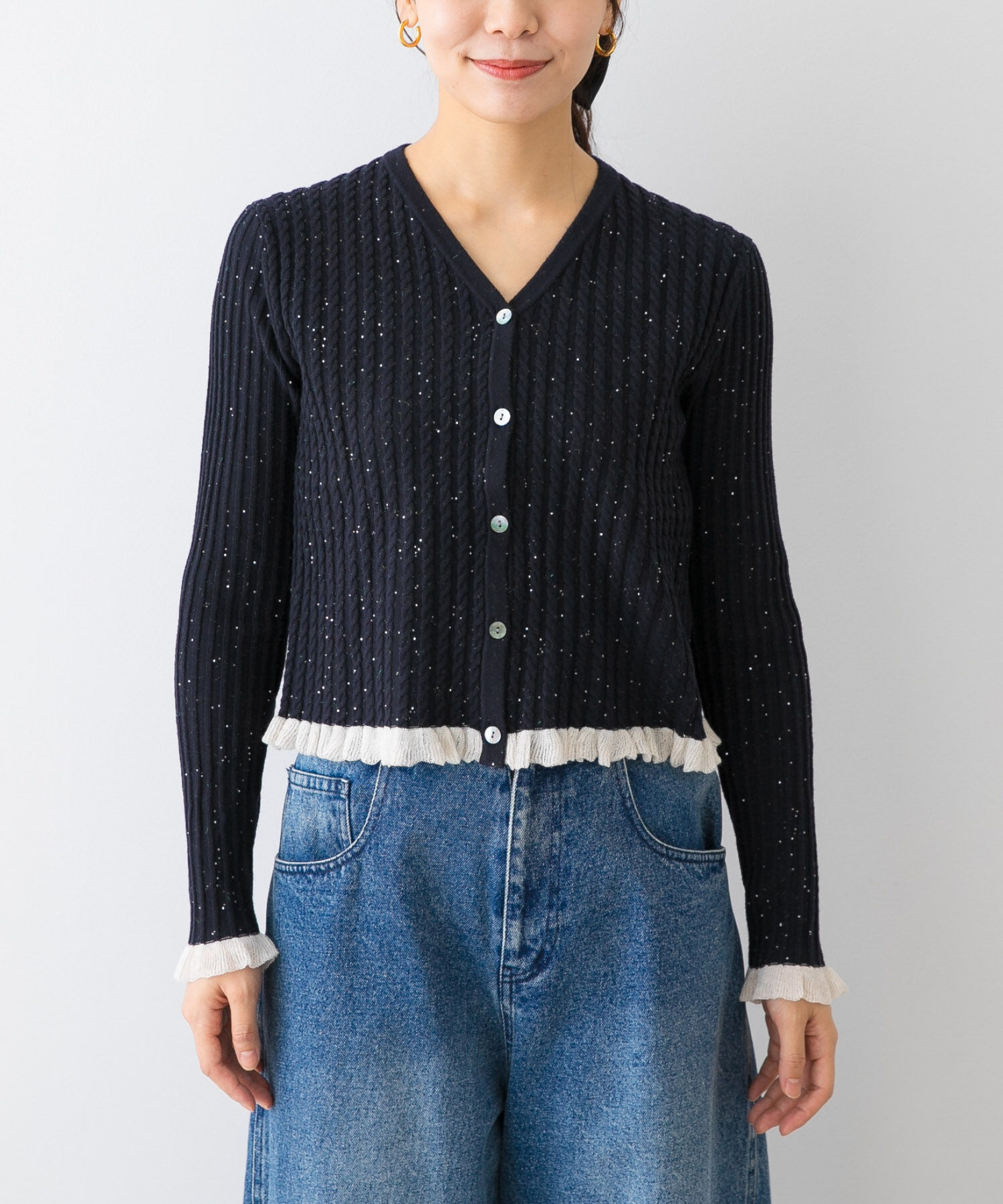 URBAN RESEARCH ROSSO「F by ROSSO　スパンコールフリルリブカーディガン」|カーディガン|