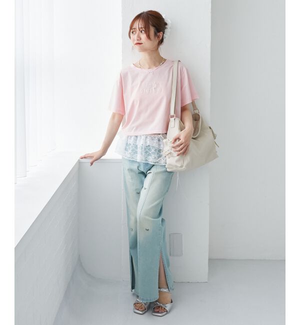  「パール付きクロップドロゴTシャツ」|Tシャツ・カットソー|