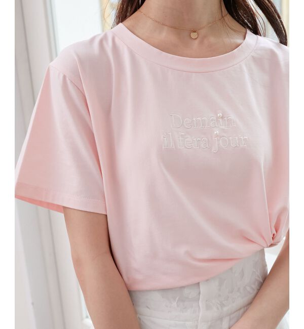  「パール付きクロップドロゴTシャツ」|Tシャツ・カットソー|
