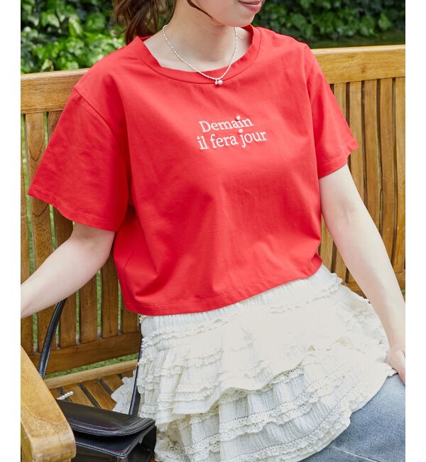  「パール付きクロップドロゴTシャツ」|Tシャツ・カットソー|