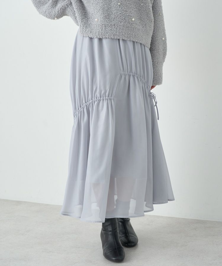 earth music&ecology「シャイニーアシンメトリーギャザースカート」|フレア|