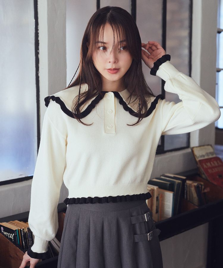 earth music&ecology「配色フリルカラーニットプルオーバー」|ニット・セーター|