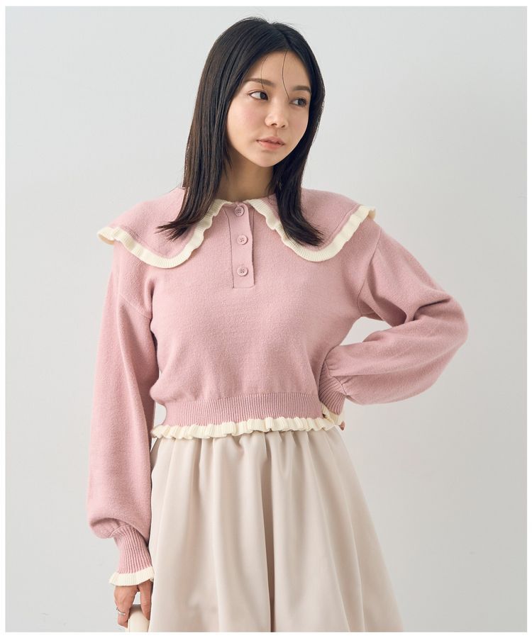 earth music&ecology「配色フリルカラーニットプルオーバー」|ニット・セーター|