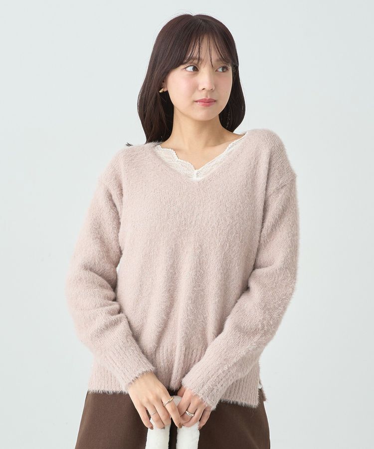 earth music&ecology「スパンコールシャギーVネックプルオーバー」|ニット・セーター|