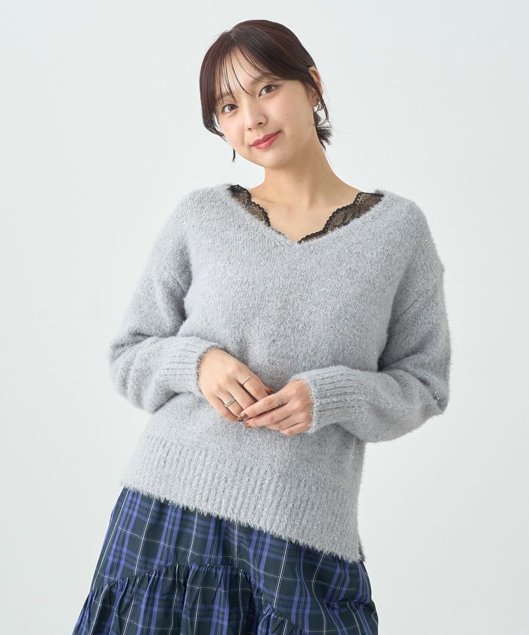 earth music&ecology「スパンコールシャギーVネックプルオーバー」|ニット・セーター|