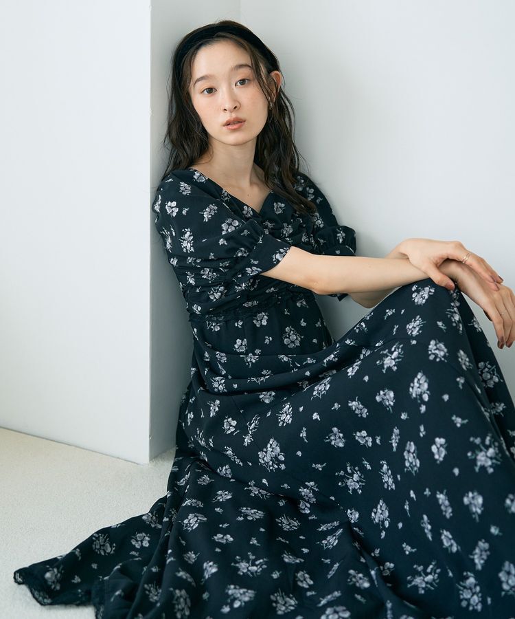 earth music&ecology「レース切替フラワーロングワンピース」|ワンピース|Black