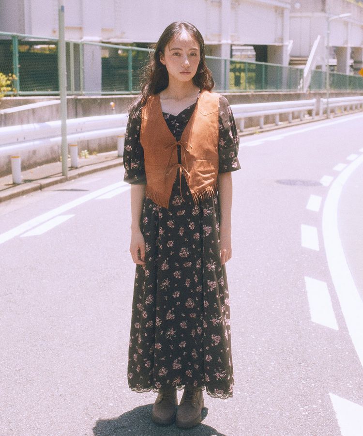 earth music&ecology「レース切替フラワーロングワンピース」|ワンピース|Brown