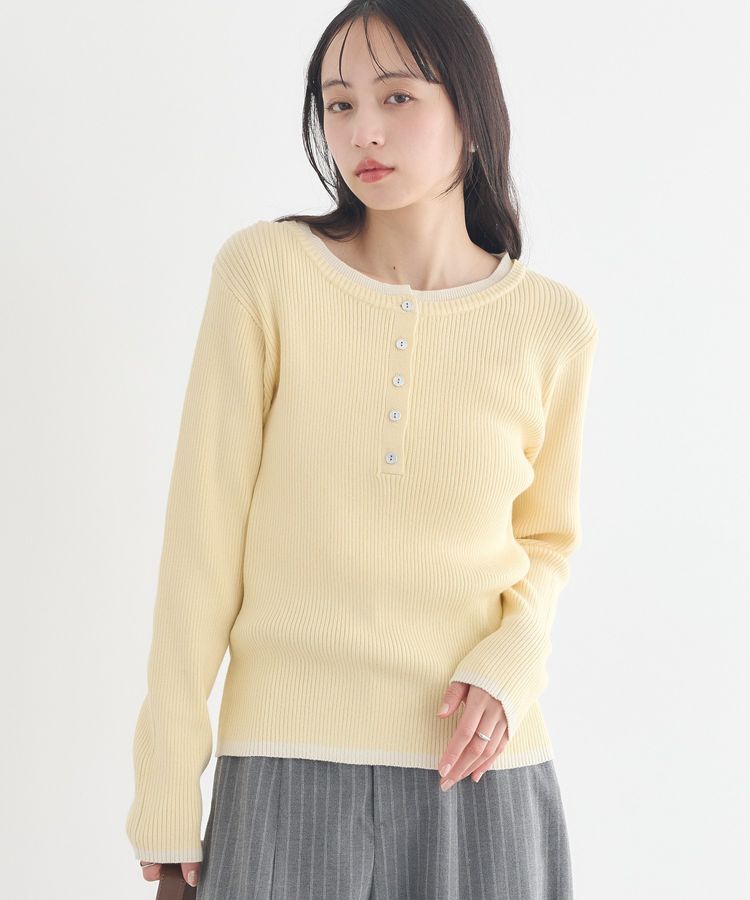 earth music&ecology「バイカラーヘンリーネックニットプルオーバー」|ニット・セーター|Light yellow