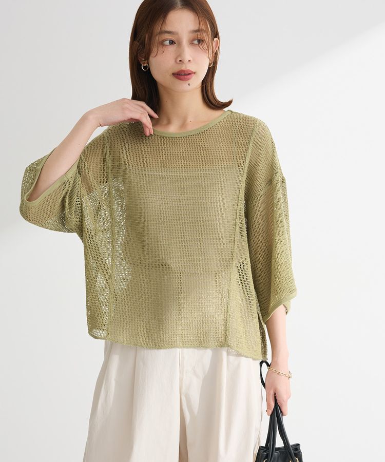 armonia「七分袖コットンメッシュラグラントップス」|Tシャツ・カットソー|Khaki
