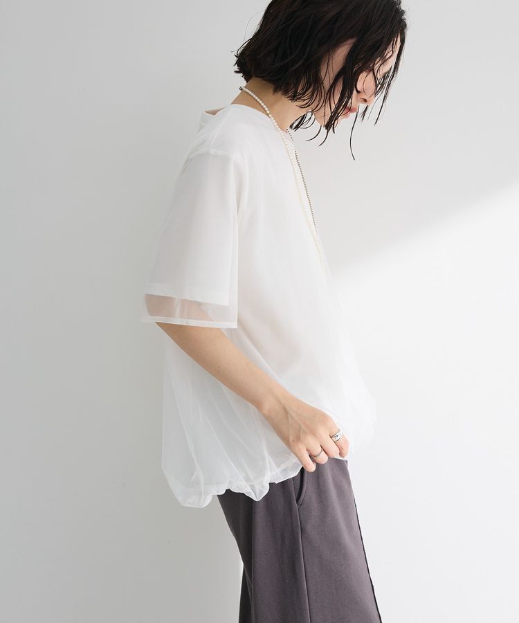 Green Parks「チュールドッキングバルーン5分袖プルオーバー」|Tシャツ・カットソー|Off White