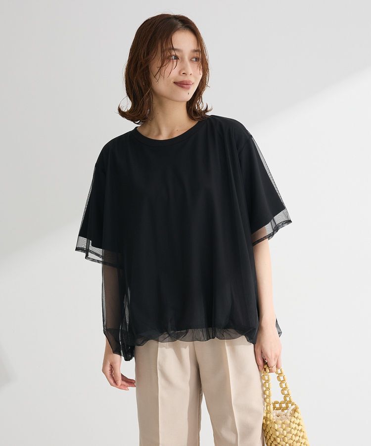 Green Parks「チュールドッキングバルーン5分袖プルオーバー」|Tシャツ・カットソー|