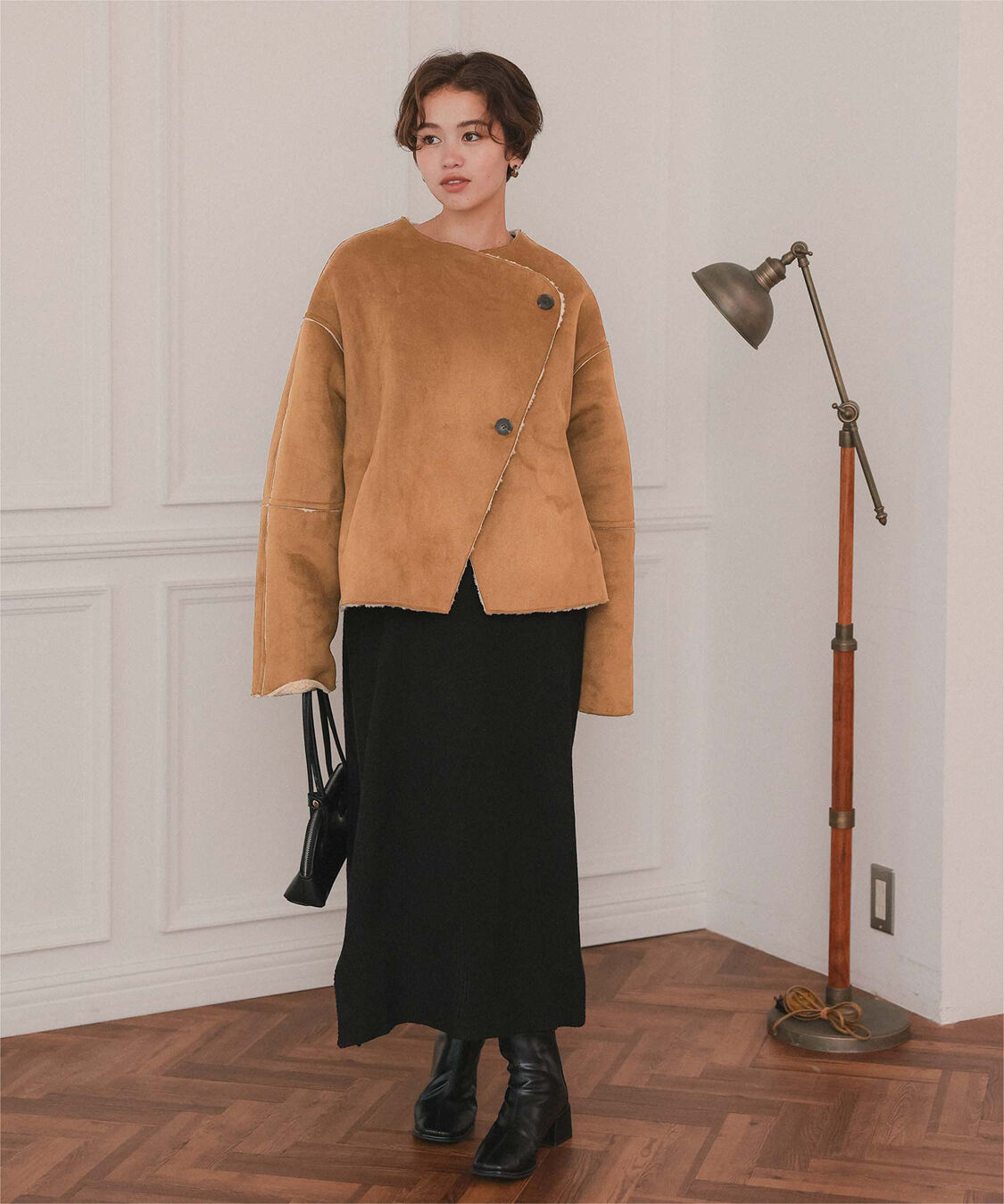 titivate「フェイクムートンノーカラージャケット」|ノーカラーコート|