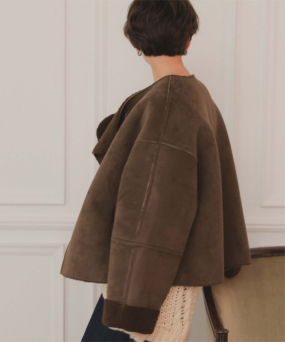 titivate「フェイクムートンノーカラージャケット」|ノーカラーコート|