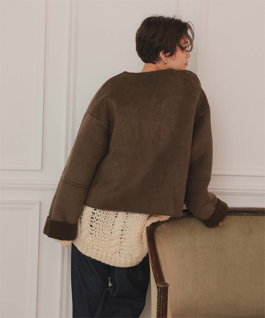 titivate「フェイクムートンノーカラージャケット」|ノーカラーコート|