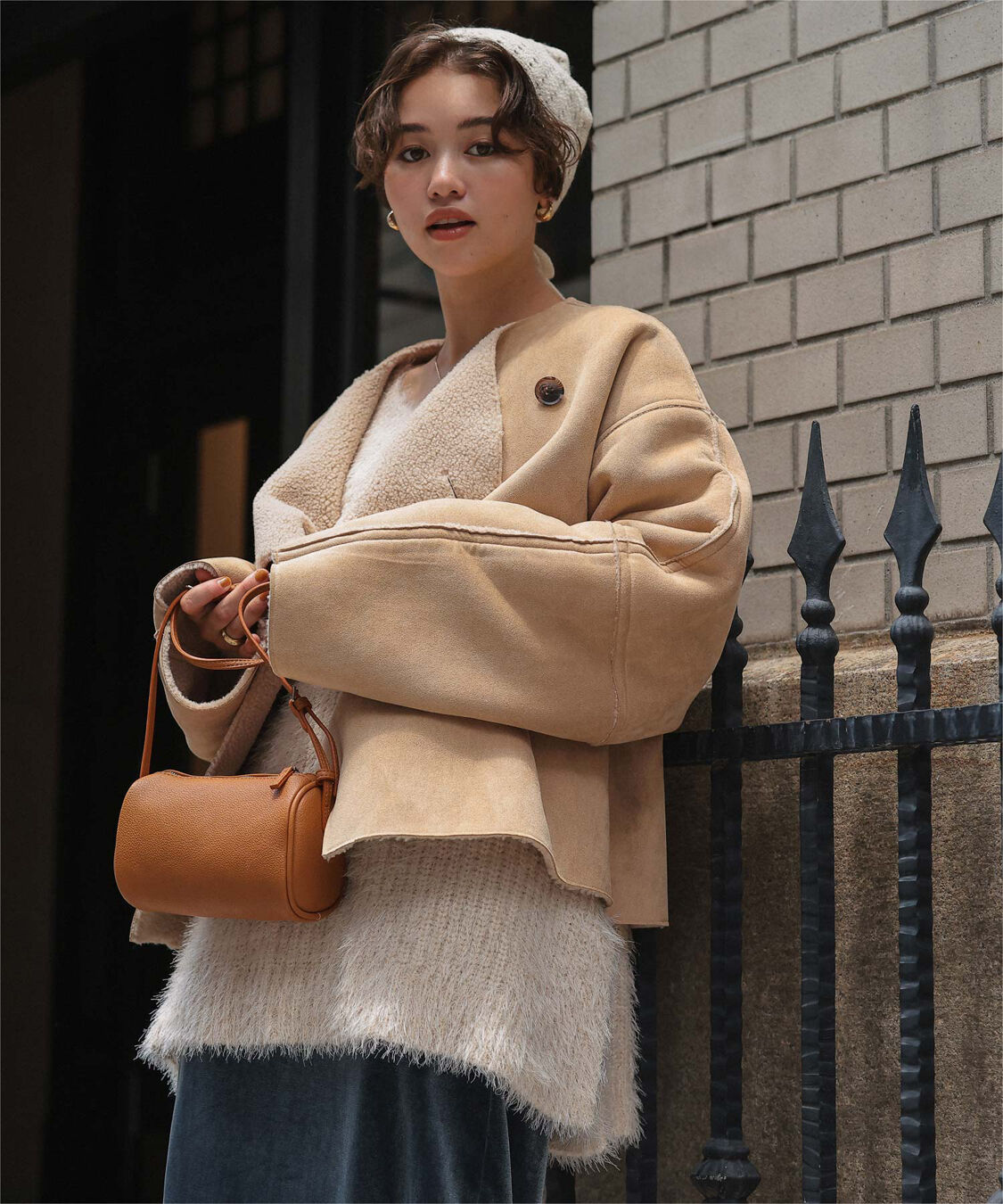 titivate「フェイクムートンノーカラージャケット」|ノーカラーコート|