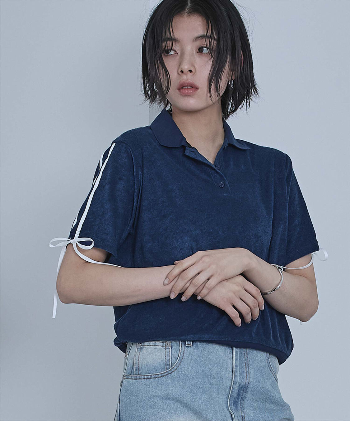 miette「配色リボンパイルトップス」|Tシャツ・カットソー|ネイビー