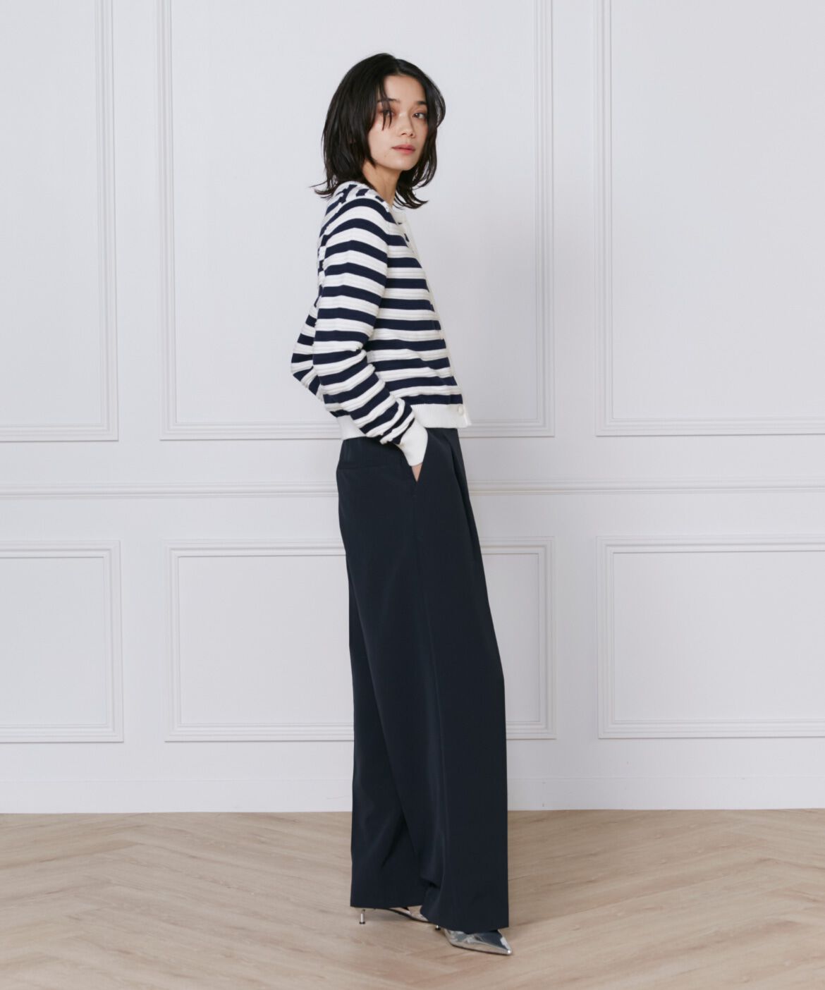 INED「《大きいサイズ》ボーダー柄カーディガン」|カーディガン|