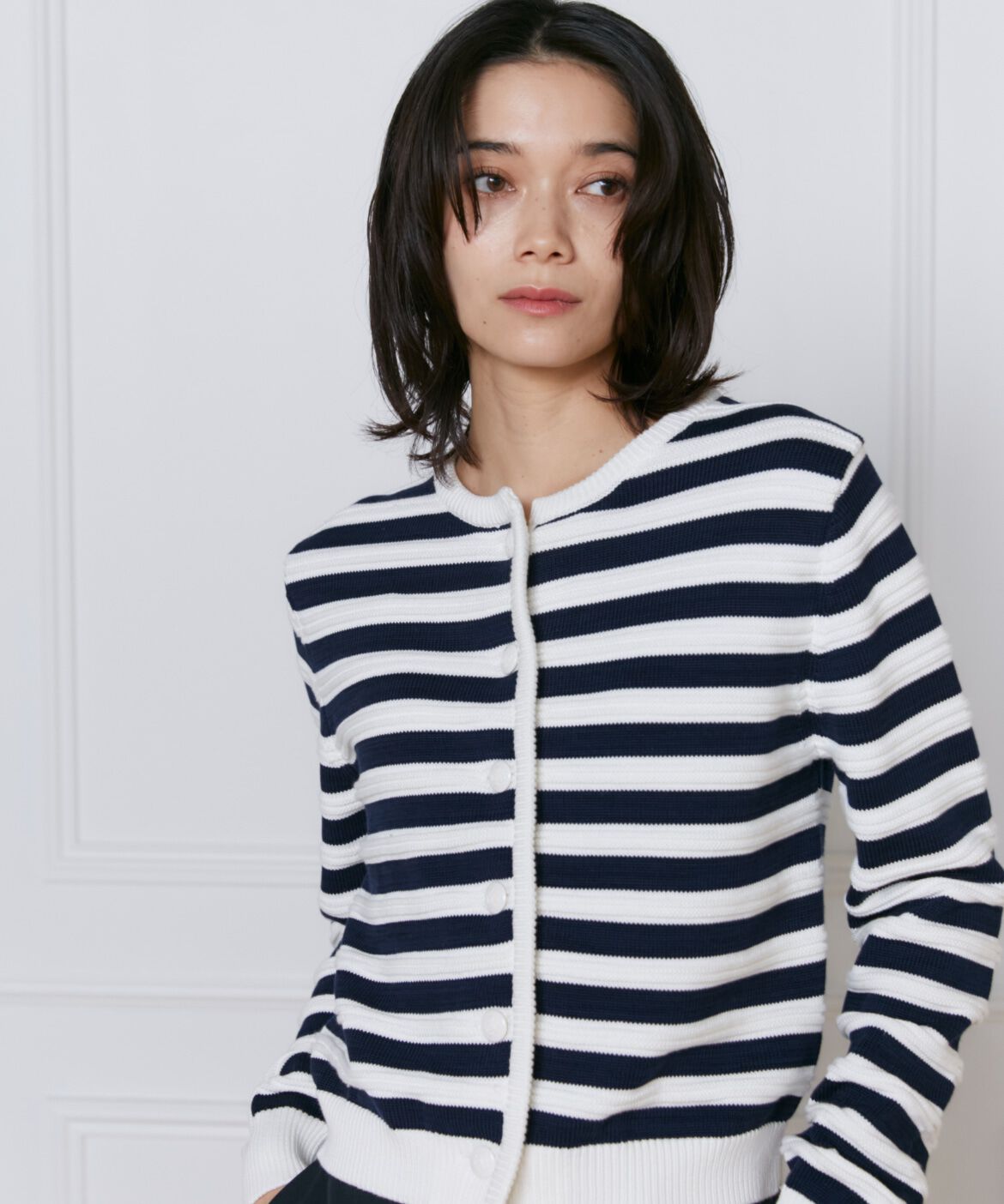 INED「《大きいサイズ》ボーダー柄カーディガン」|カーディガン|