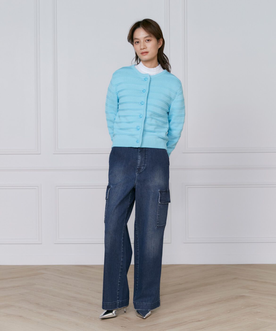 INED「《大きいサイズ》ボーダー柄カーディガン」|カーディガン|