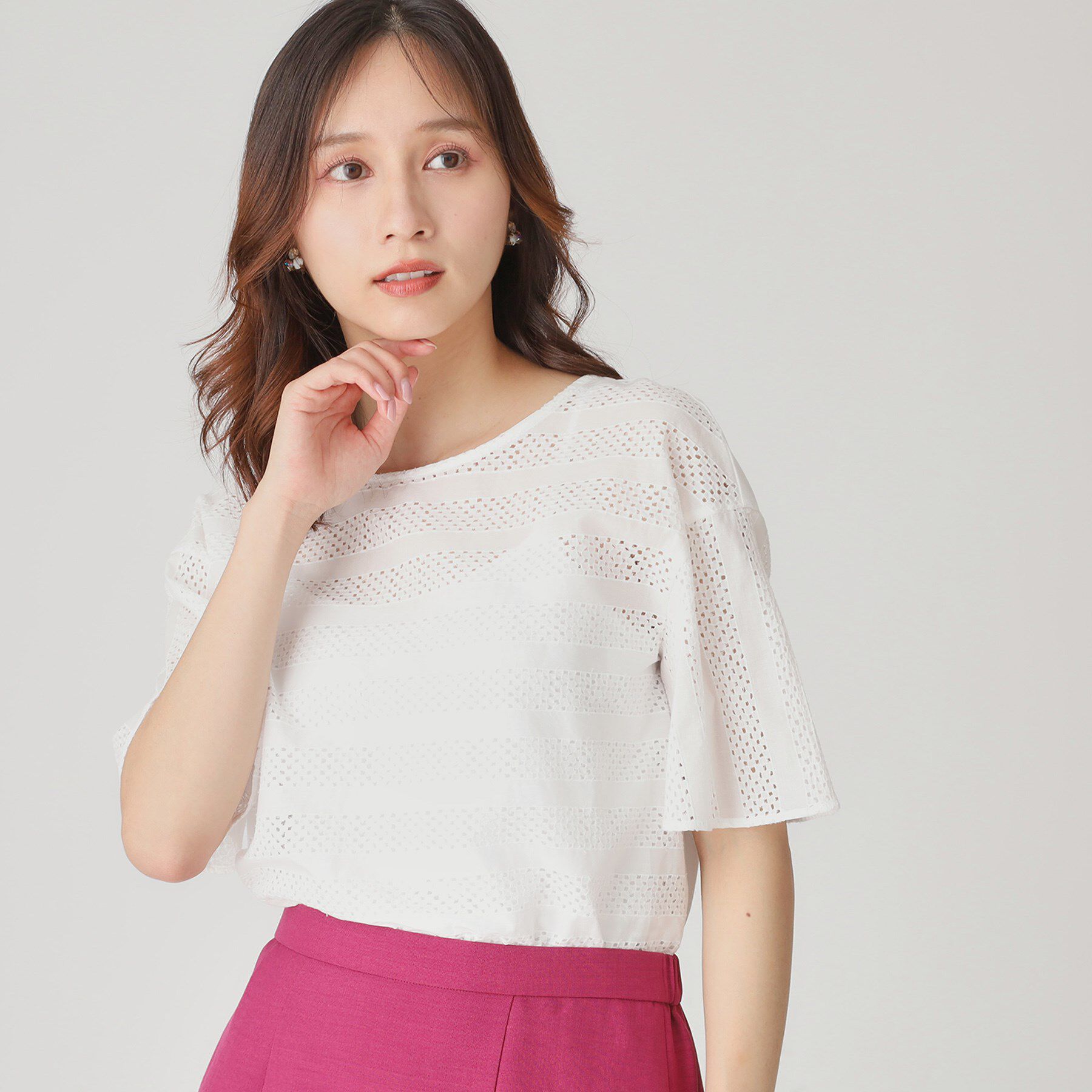 COUP DE CHANCE「【手洗い可／日本製】ジオメボーダーレースカットソー」|Tシャツ・カットソー|ホワイト(001)