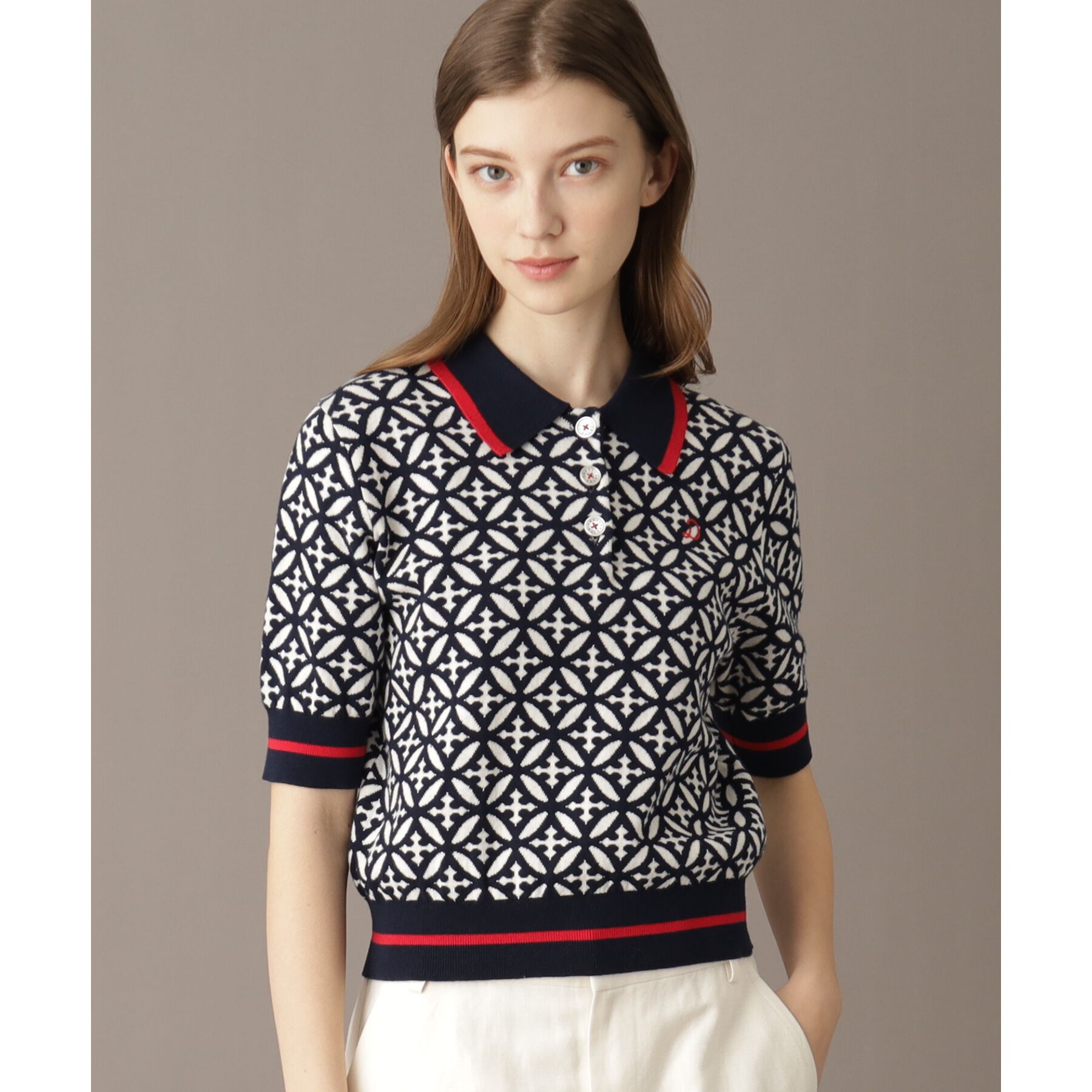 DRESSTERIOR「【大人百花春号掲載 モデル美香さん着用】オーバーラップサークルジャカードポロニット」|ニット・セーター|