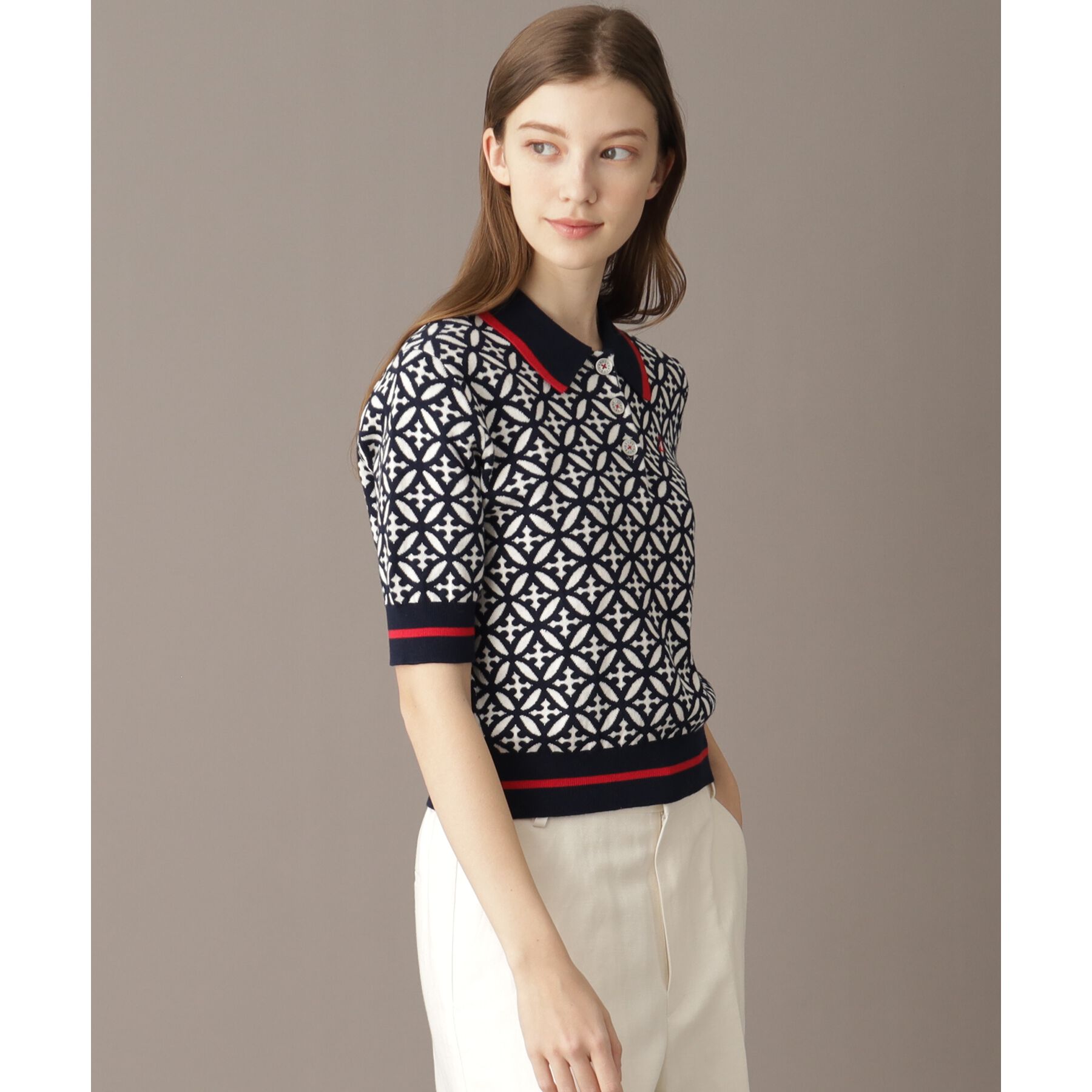 DRESSTERIOR「【大人百花春号掲載 モデル美香さん着用】オーバーラップサークルジャカードポロニット」|ニット・セーター|