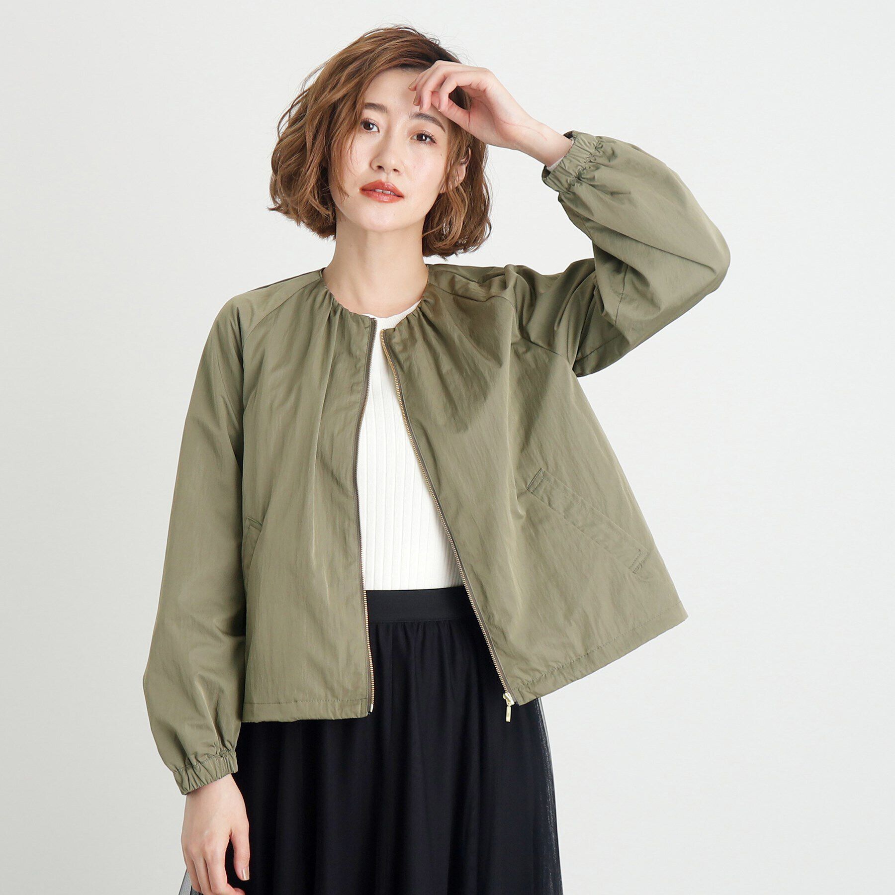 grove「ドロストピーチタフタブルゾン」|ブルゾン・スタジャン|カーキ(027)