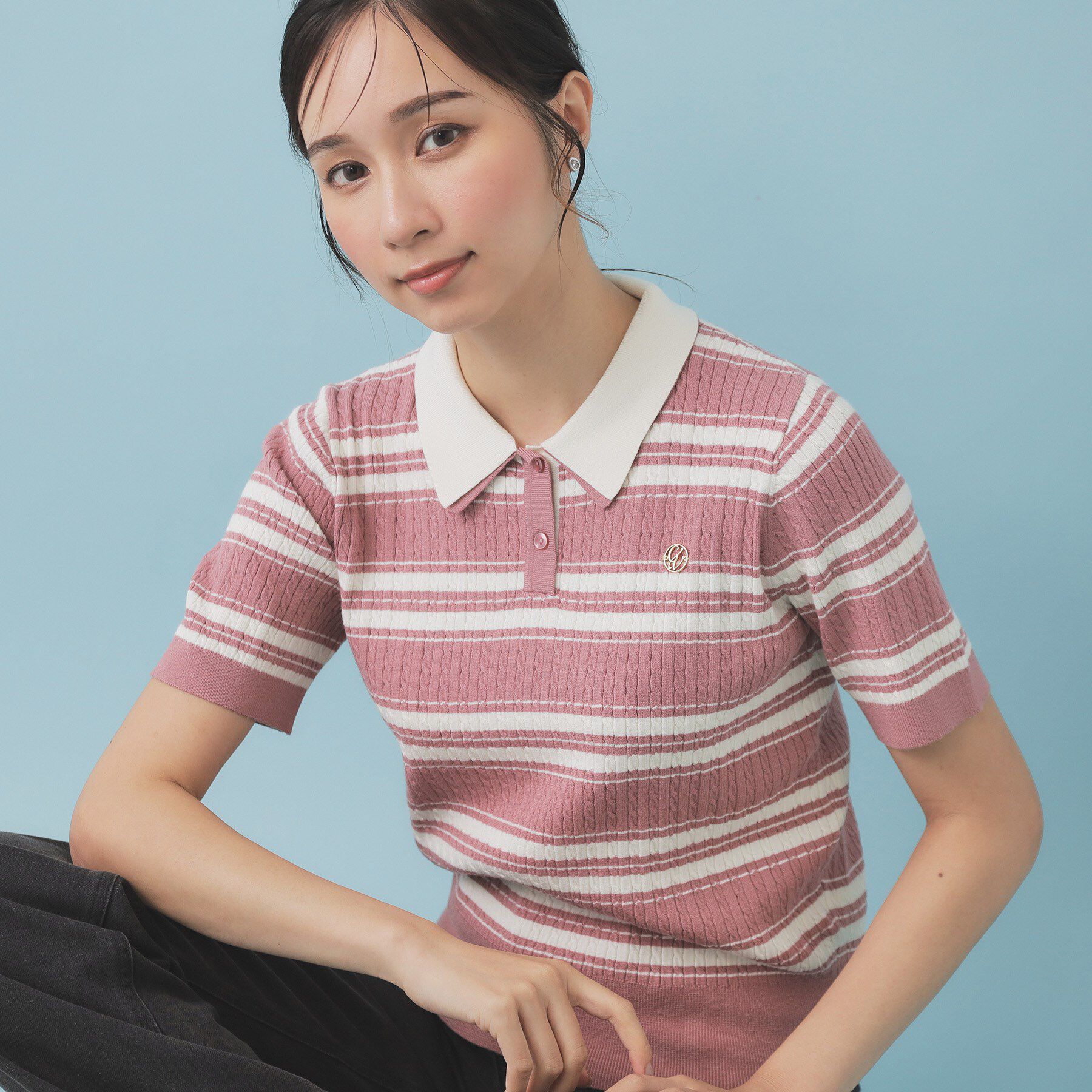 index「ランダムボーダーケーブルポロニット【洗濯機洗い可/抗ピル】」|ニット・セーター|ピンク(373)