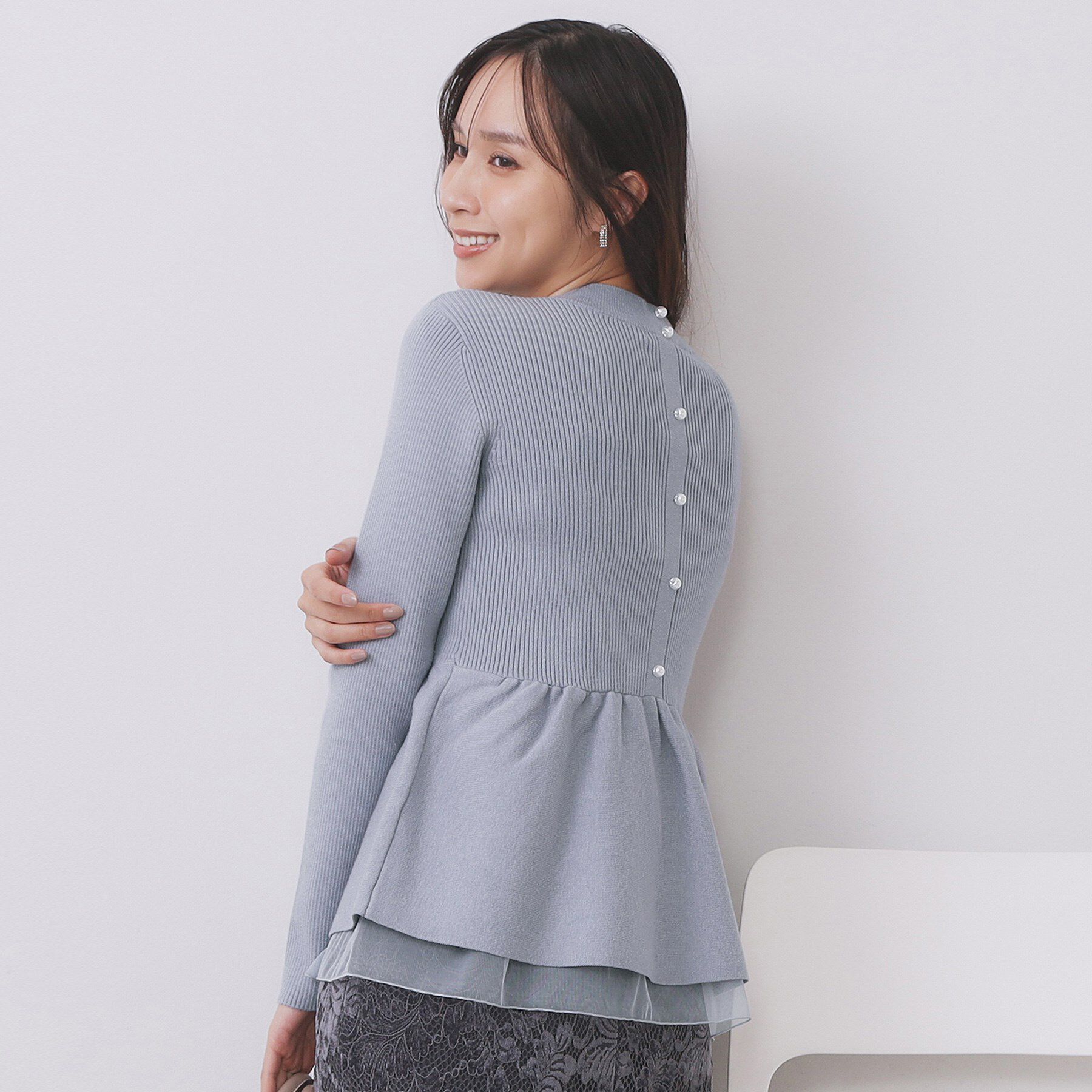 index「ペプラムチュールレイヤードニット【洗濯機OK】」|ニット・セーター|ブルー(091)