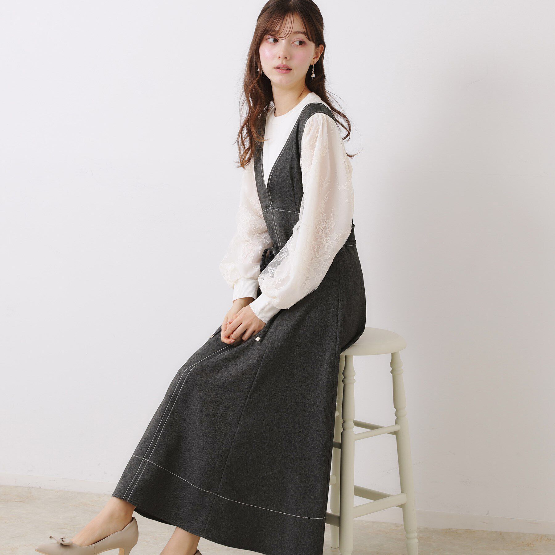 Couture broach「【大人可愛い・キレイめジャンスカ】デニムライク細リボンジャンスカ」|ワンピース|