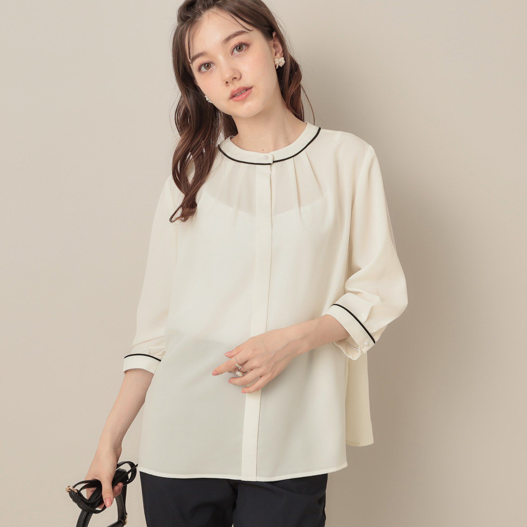 Couture broach「【6分袖・通勤】配色ジョーゼットブラウス」|シャツ・ブラウス|アイボリー(504)