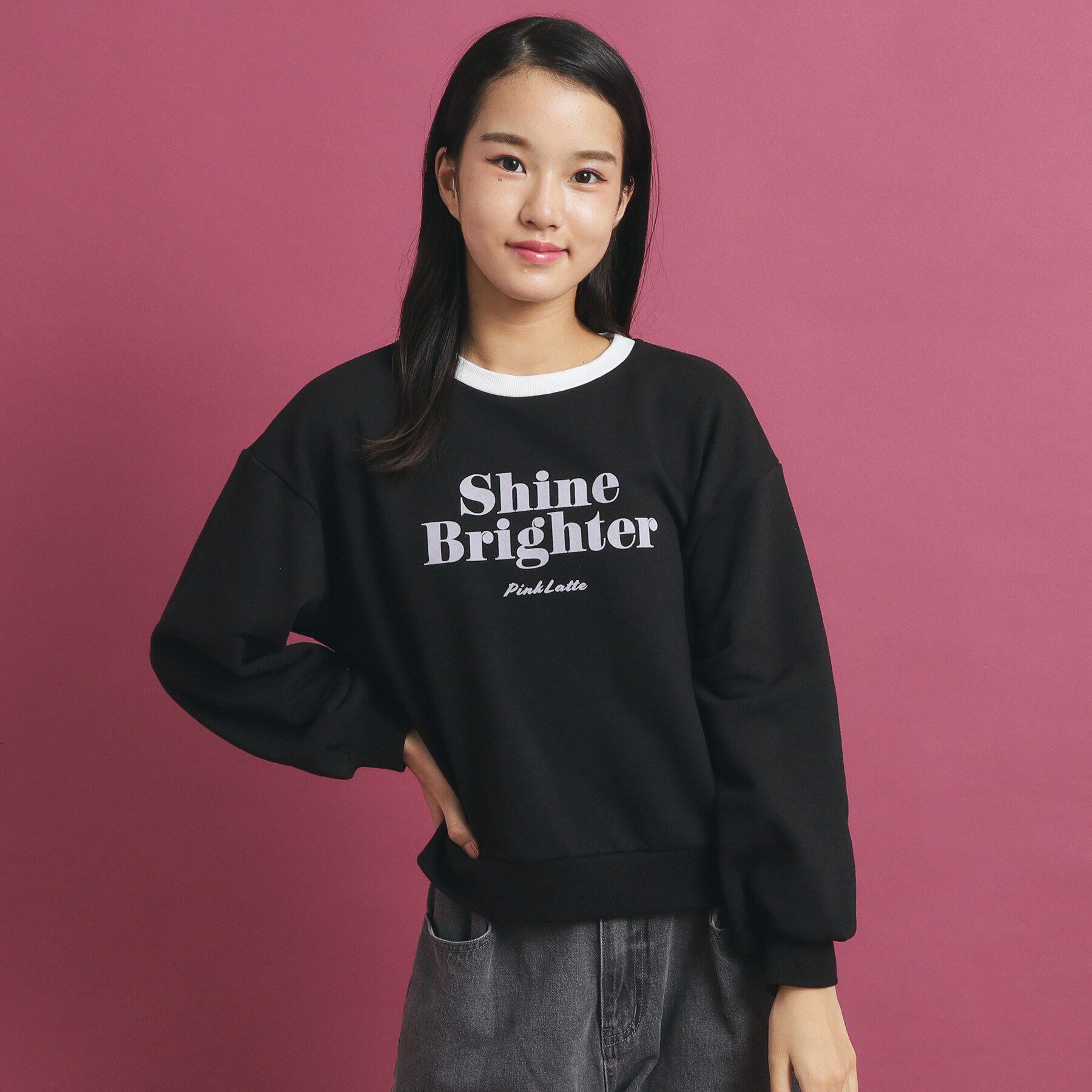 PINK-latte「リンガー裏毛プルオーバー」|Tシャツ・カットソー|ブラック(019)