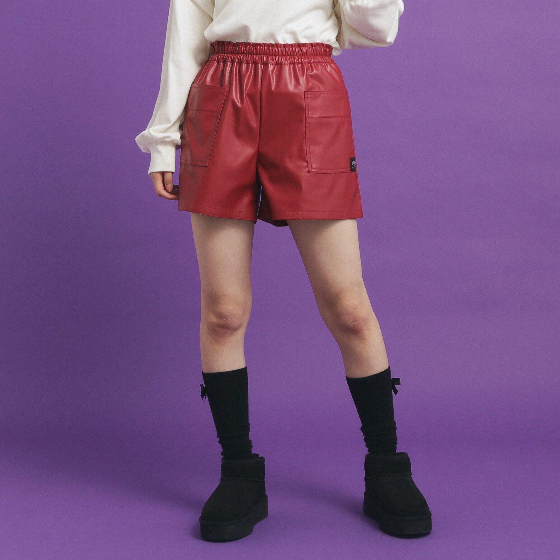 PINK-latte「合皮ショートパンツ」|キュロット|レッド(063)