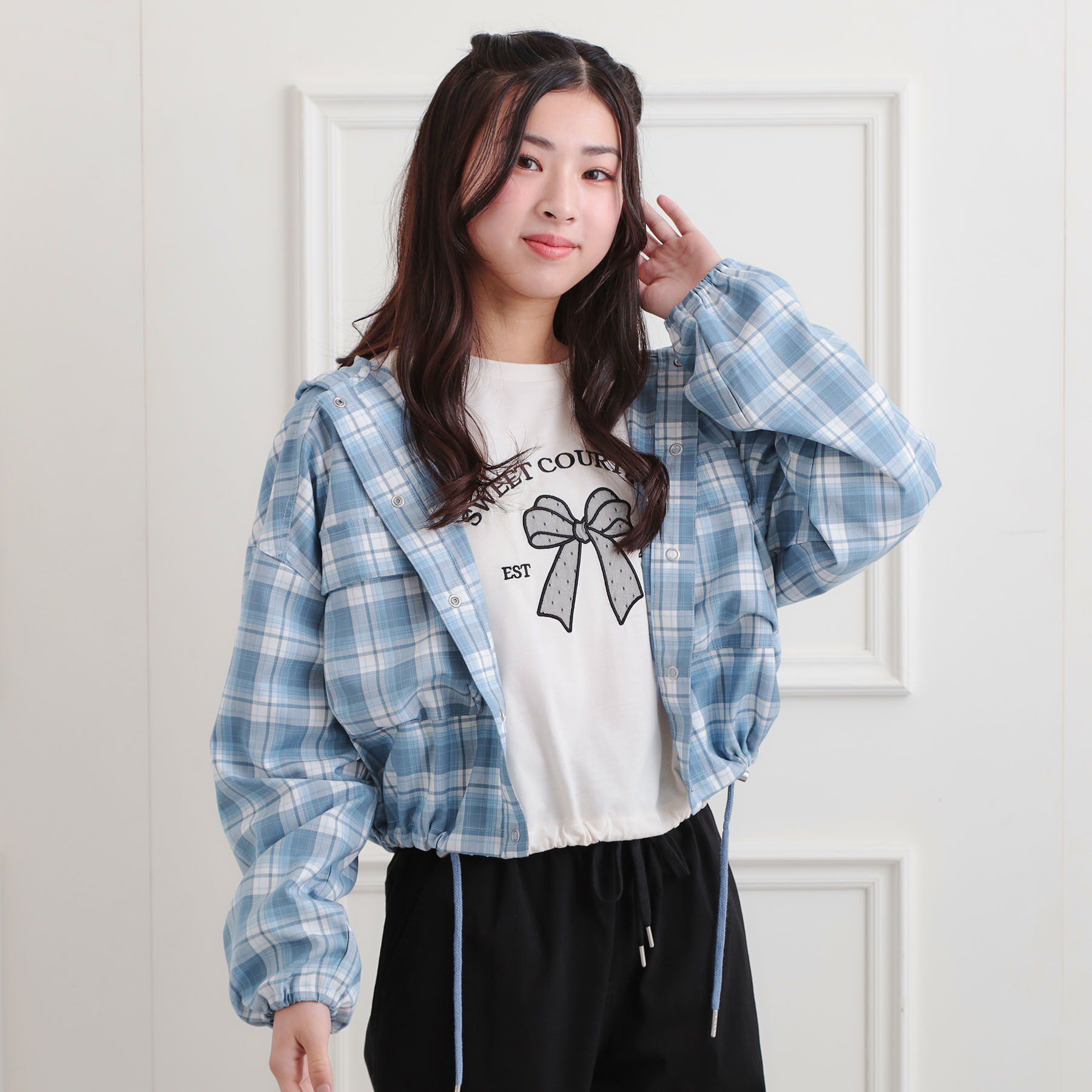 PINK-latte「フード付きライトブルゾン」|ブルゾン・スタジャン|サックスブルー(29