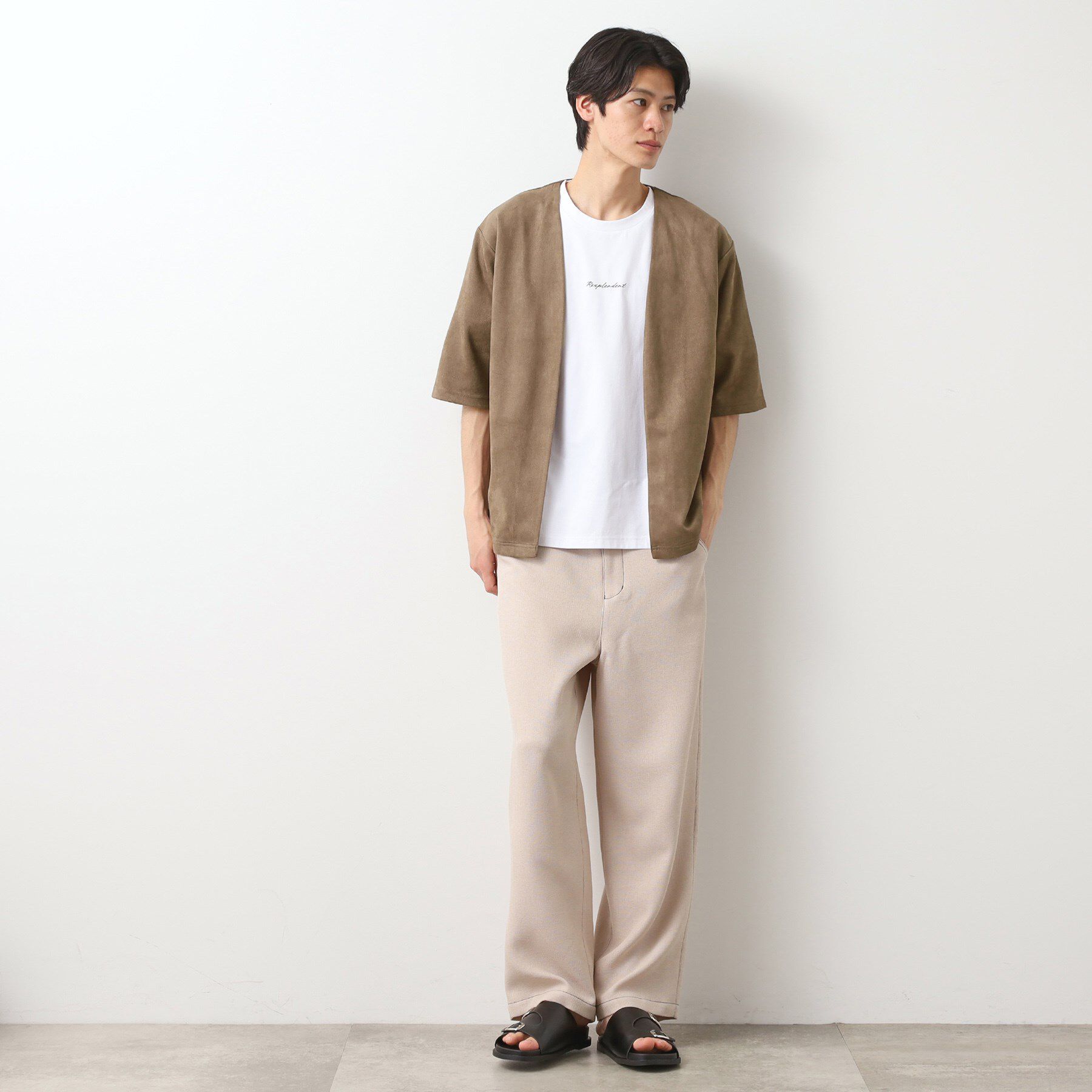 THE SHOP TK「フェイクスウェードアンサンブルカーディガン【五分袖カーディガン＋半袖Tシャツセットアイテム】」|カーディガン|