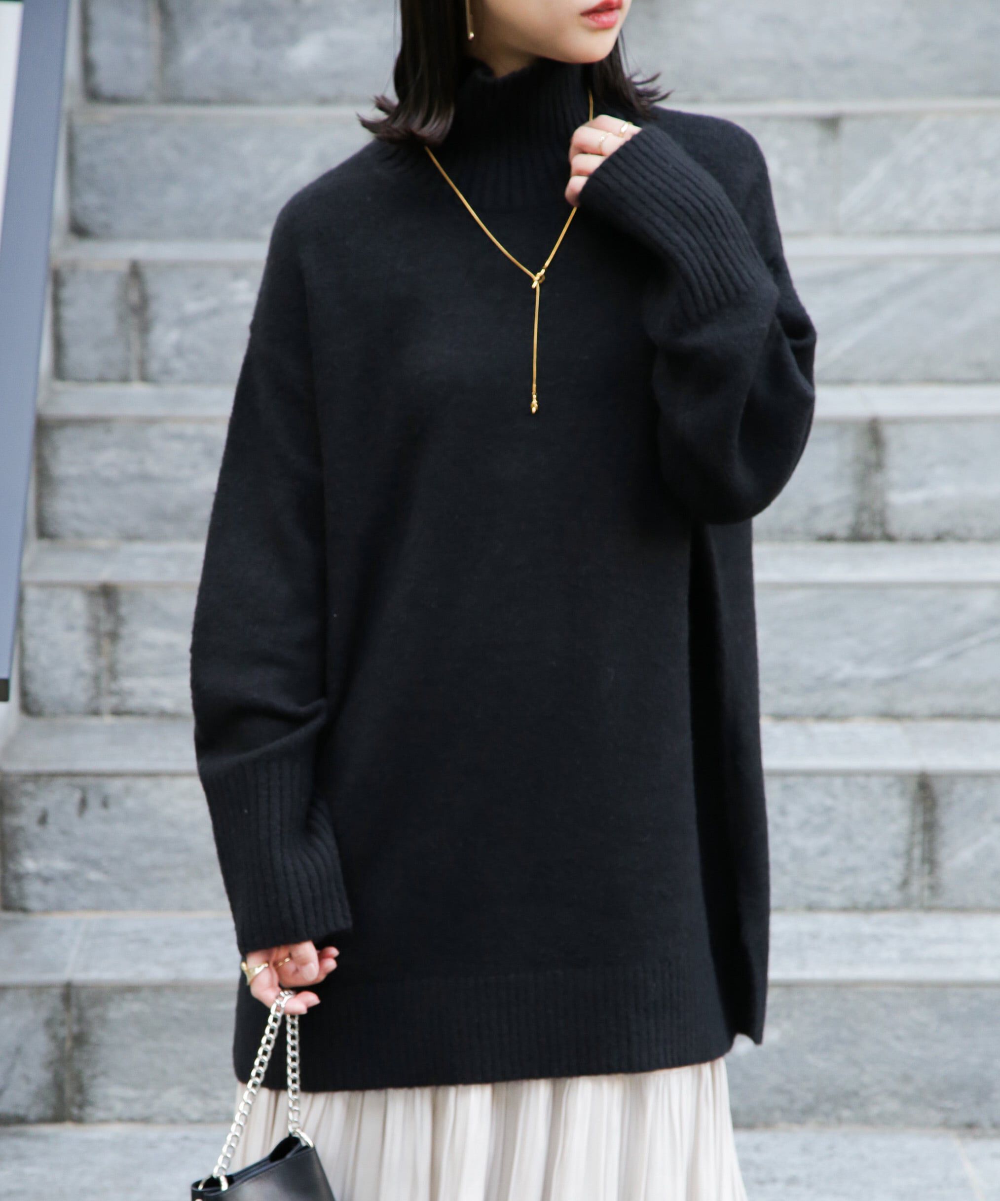  「ブークレハイネックチュニックニット」|ニット・セーター|ブラック