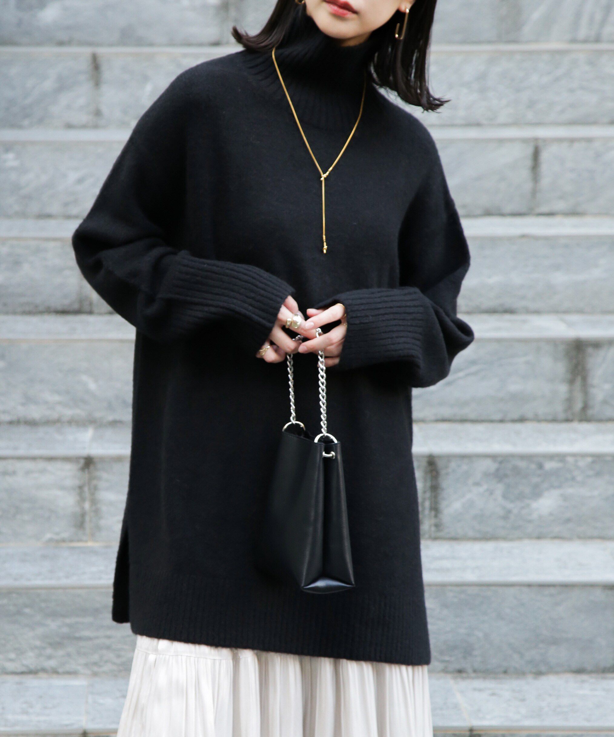  「ブークレハイネックチュニックニット」|ニット・セーター|