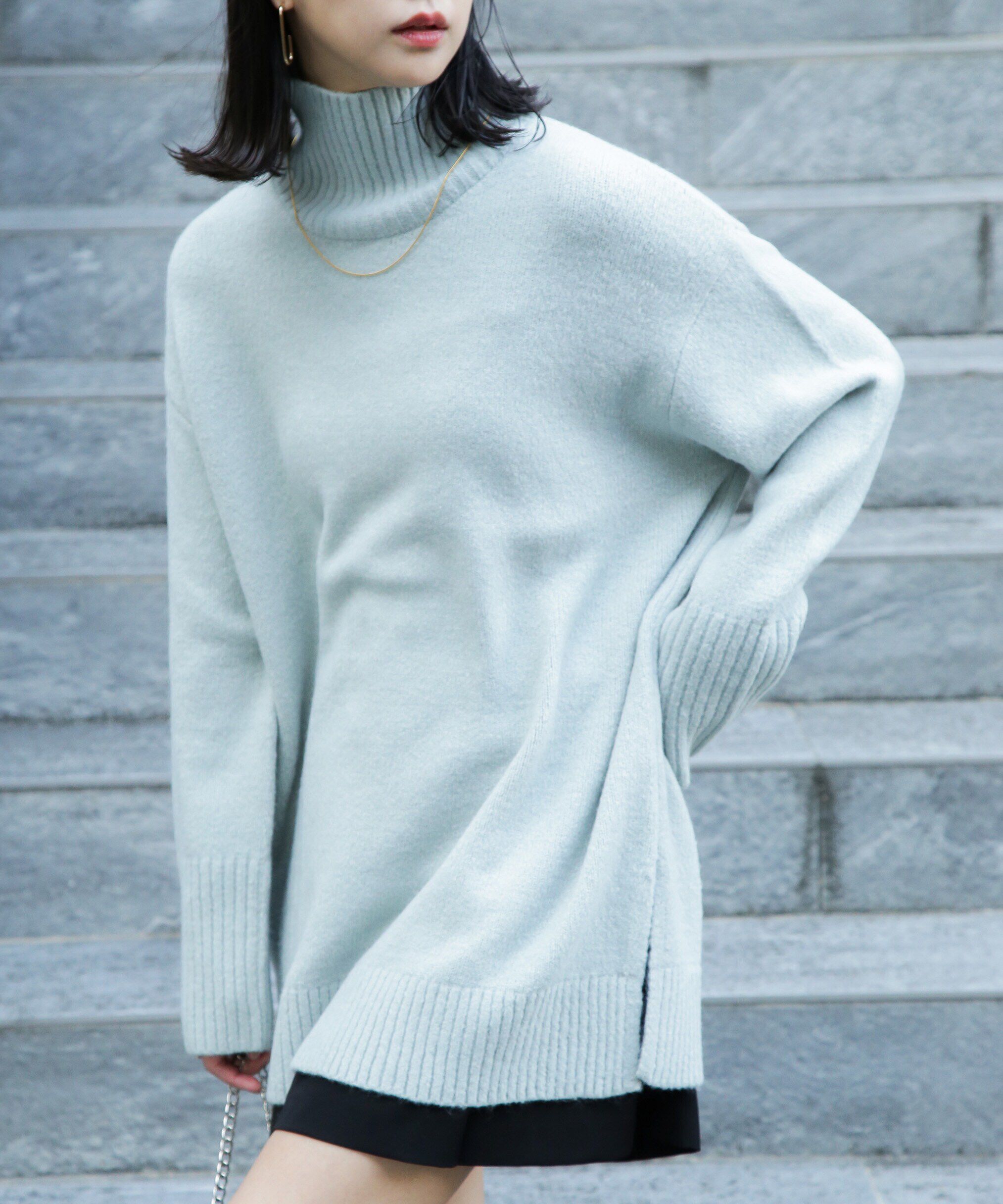  「ブークレハイネックチュニックニット」|ニット・セーター|