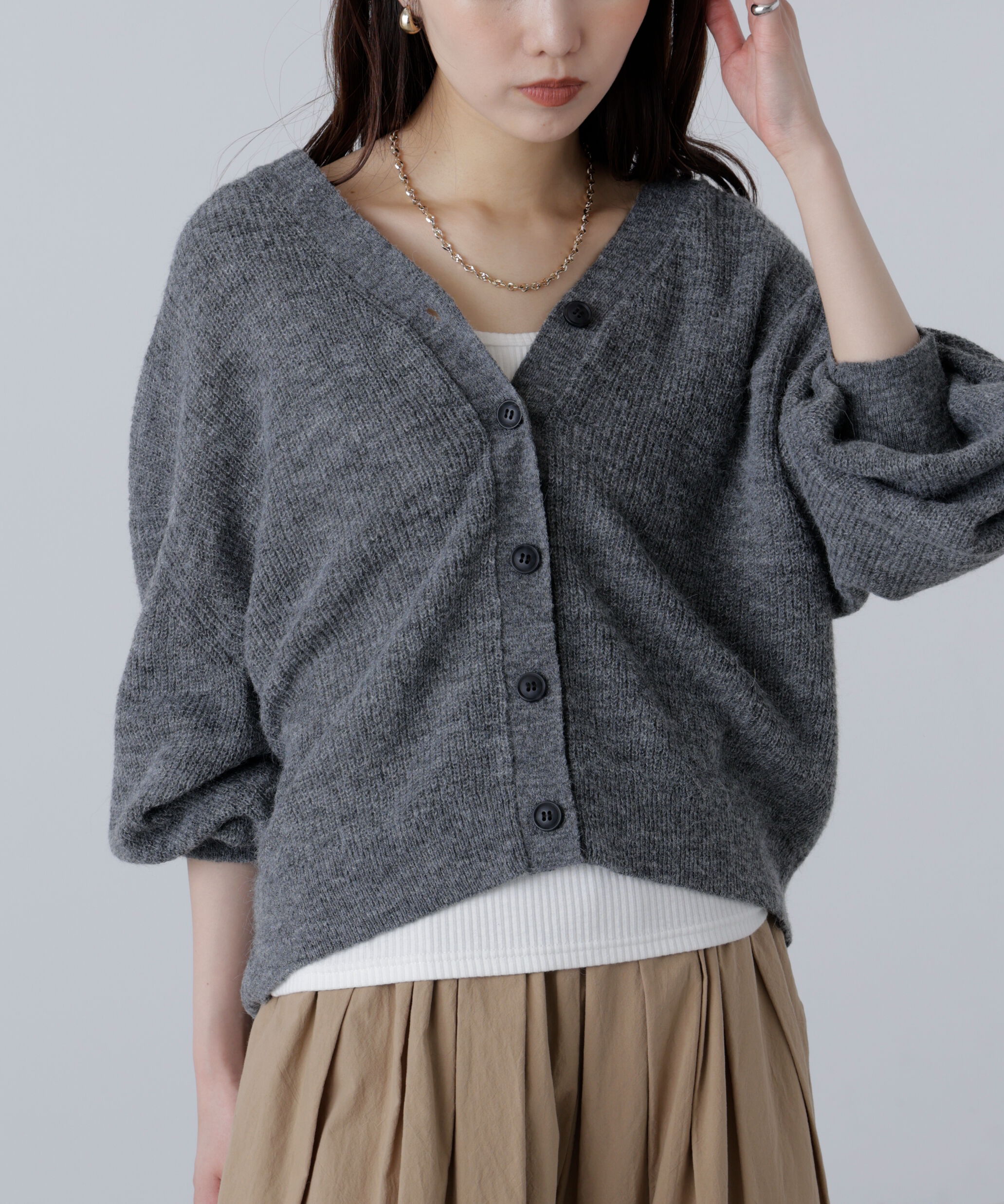  「5GモヘヤタッチVネックカーディガン」|ニット・セーター|チャコール