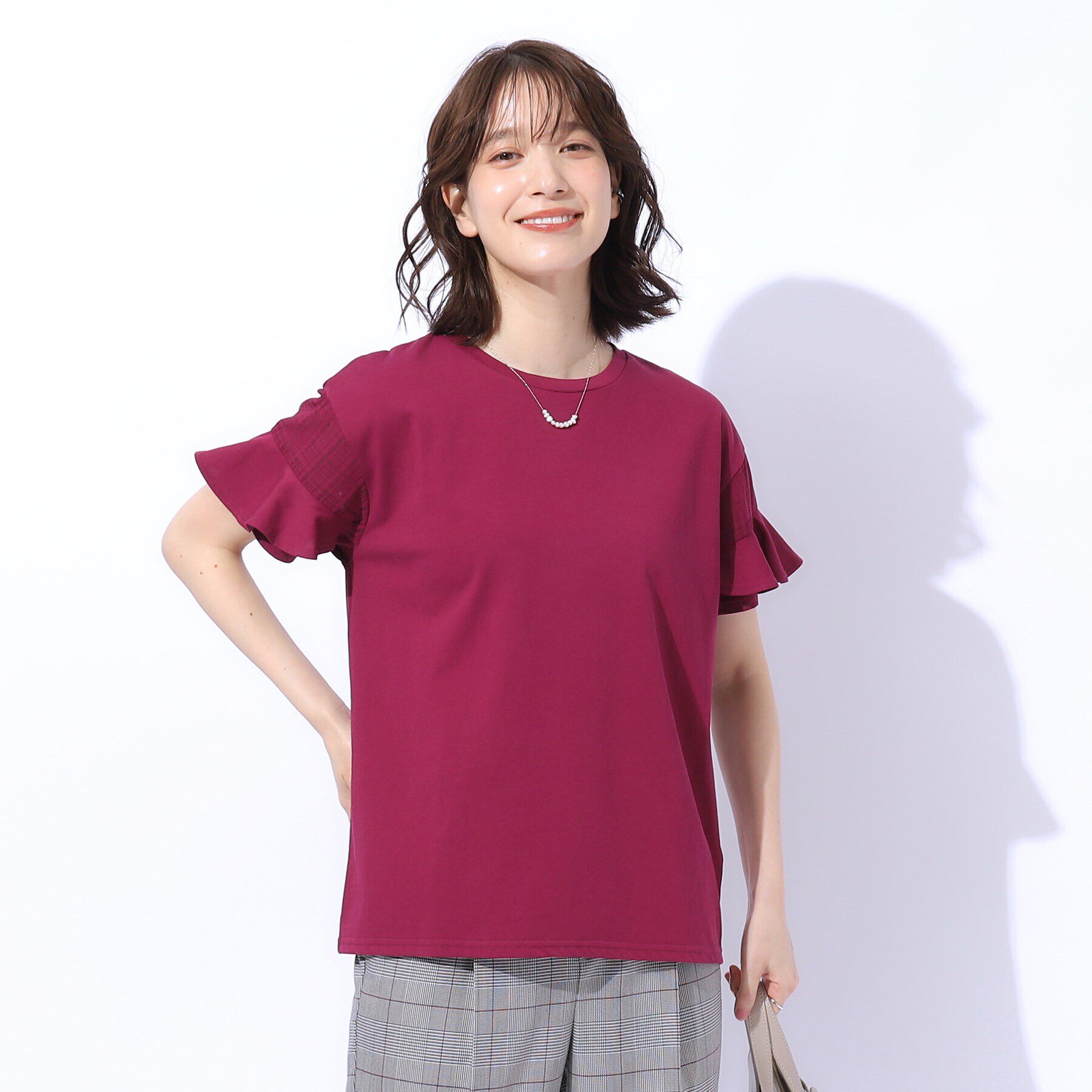 SHOO･LA･RUE「ほんのり甘い シアーチェック お袖フリルトップス」|Tシャツ・カットソー|