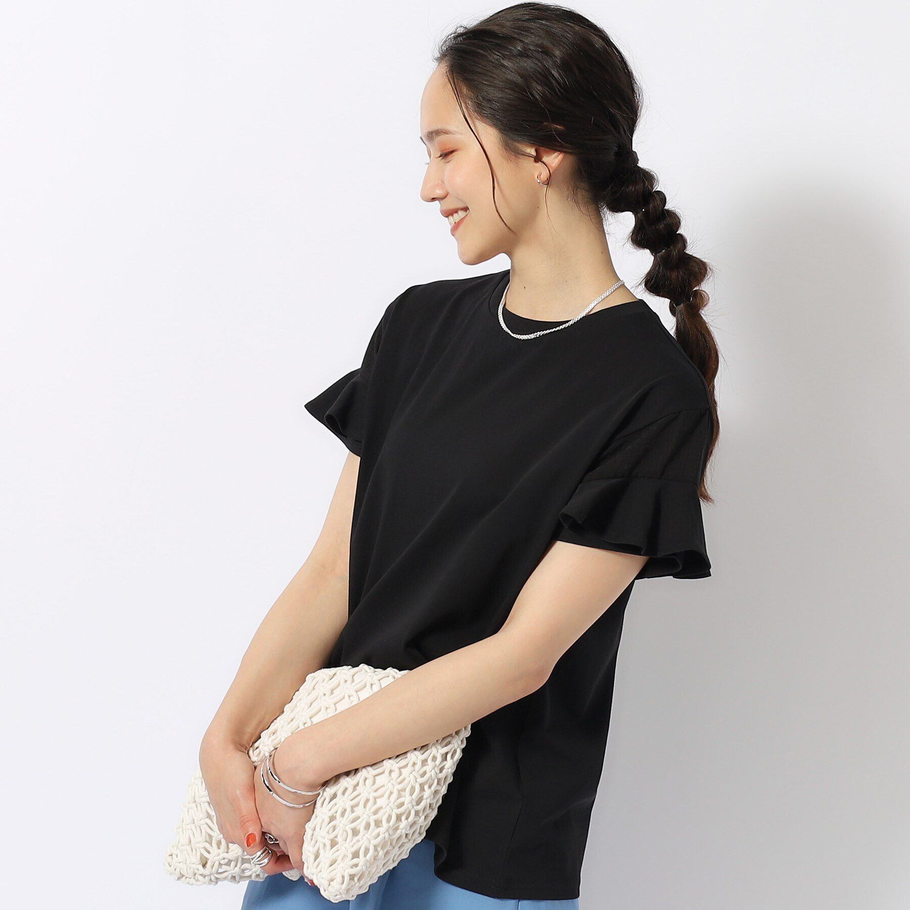 SHOO･LA･RUE「ほんのり甘い シアーチェック お袖フリルトップス」|Tシャツ・カットソー|ブラック(019)