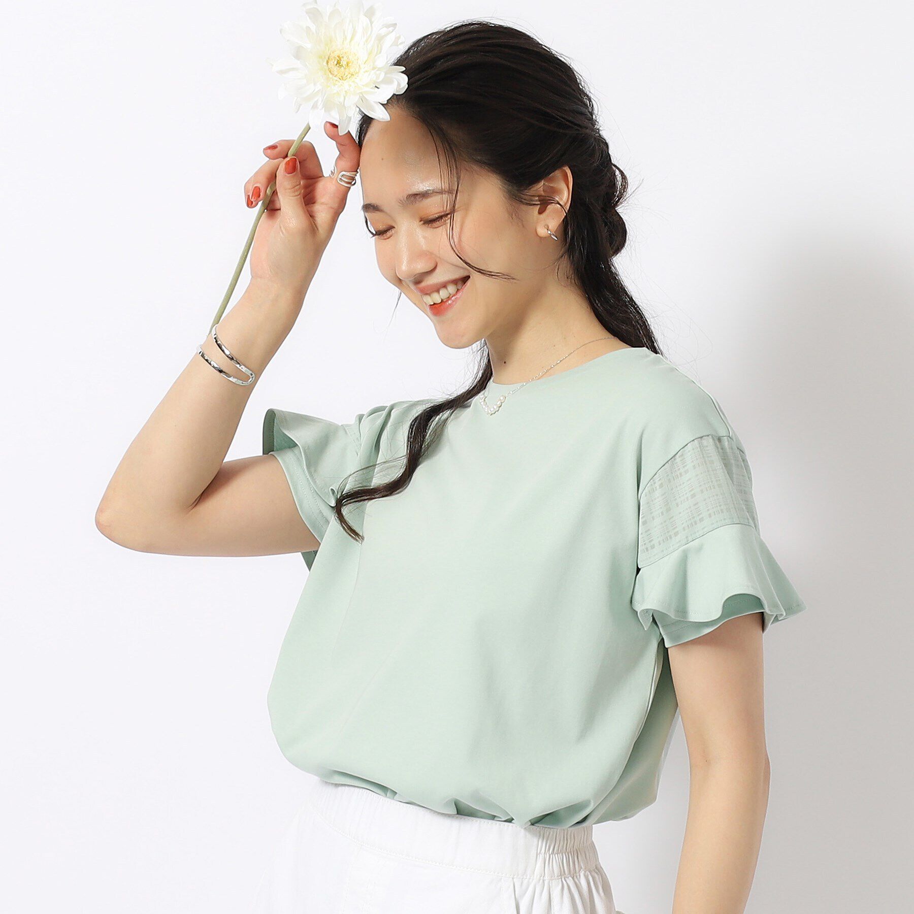 SHOO･LA･RUE「ほんのり甘い シアーチェック お袖フリルトップス」|Tシャツ・カットソー|ミントグリーン(02