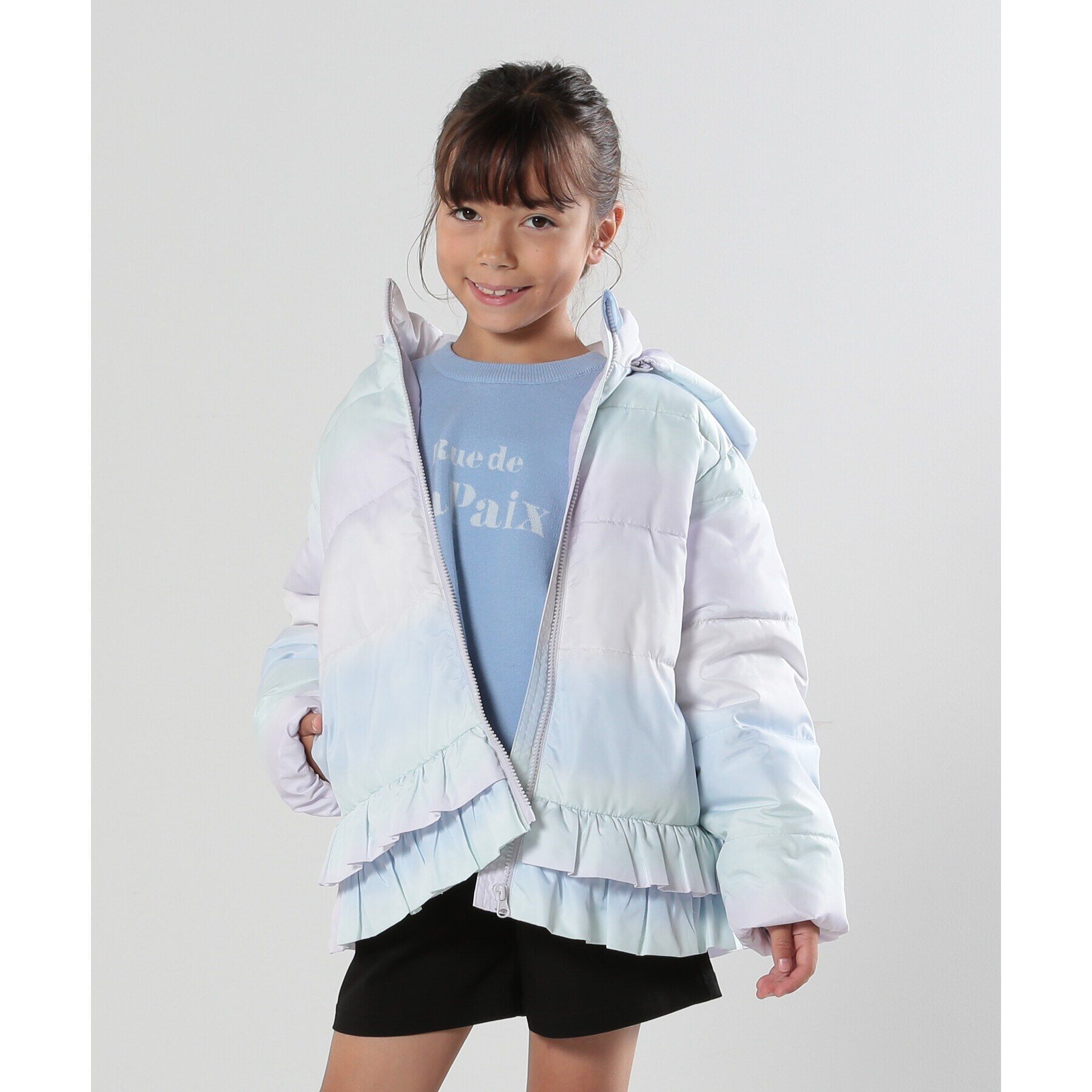 SHOO･LA･RUE「【110-140cm/撥水】フード2WAY総柄フリルブルゾン」|ブルゾン・スタジャン|ラベンダー(180)